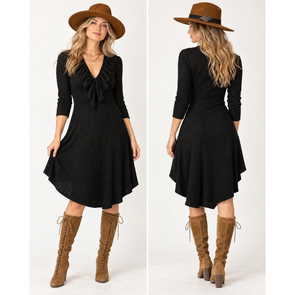 Joyfolie Alisha Dress Black Textured Ruffle V-Neck High-Low Midi Size S NEW $89